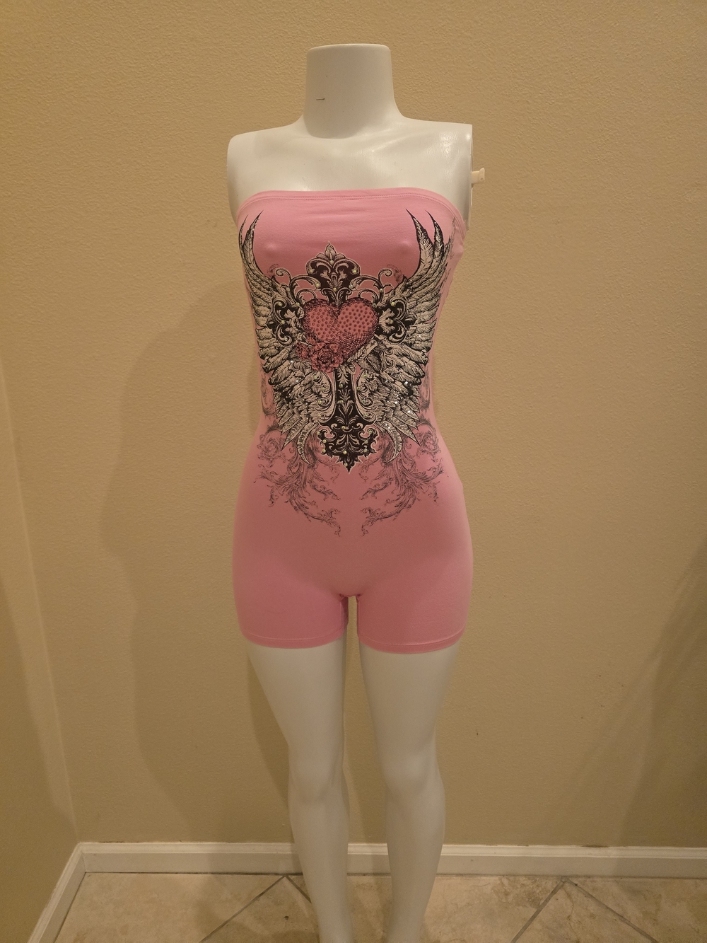 Strapless Pink Womens Romper with Winged Heart Graphic
